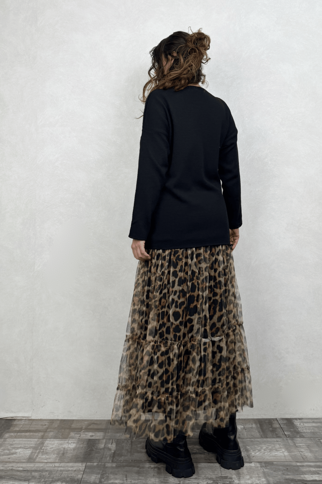 Leopar Yama Detaylı Triko Bluz- Siyah