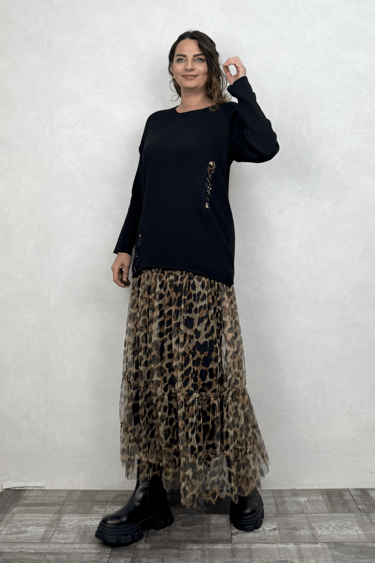 Leopar Yama Detaylı Triko Bluz- Siyah