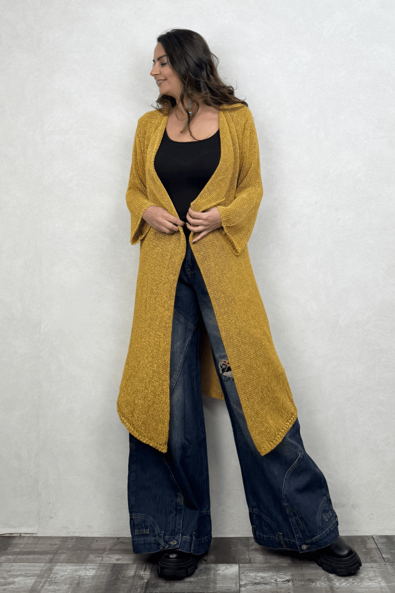 Merserize Basic Maxi Hırka - Hardal Sarı
