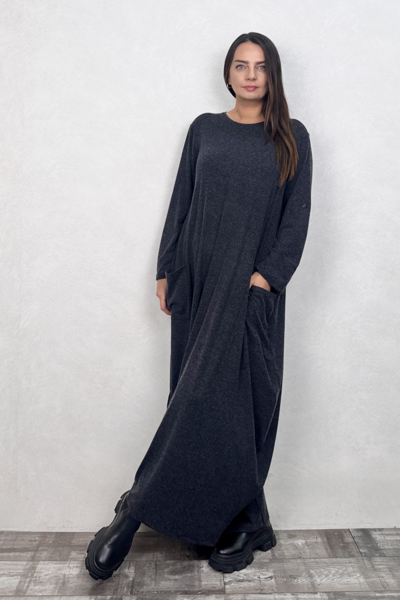 Nilda Cepli Triko Maxi Elbise - Antrasit