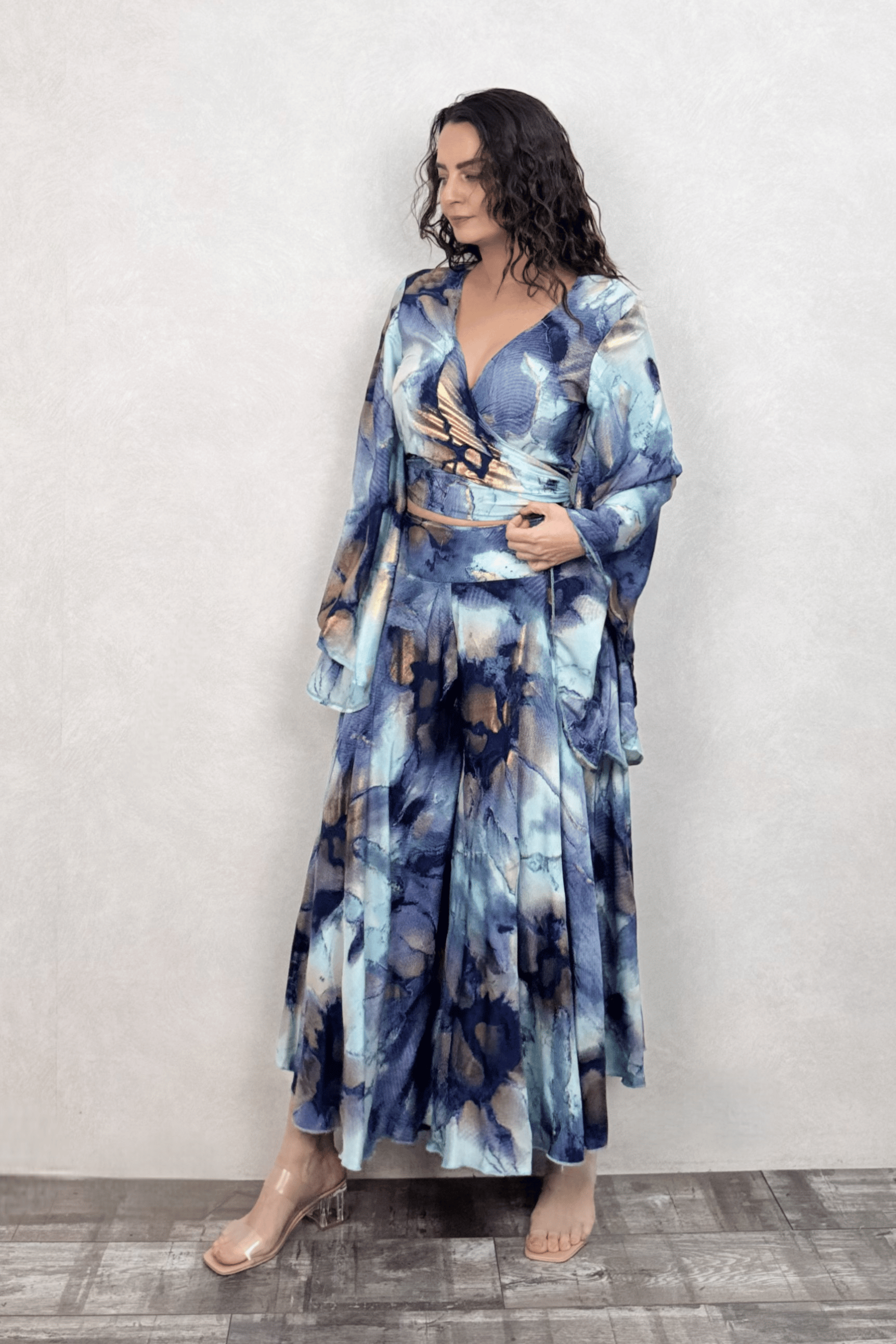 . - Palermo Kimono Kol İpek Takım - Mavi Gold