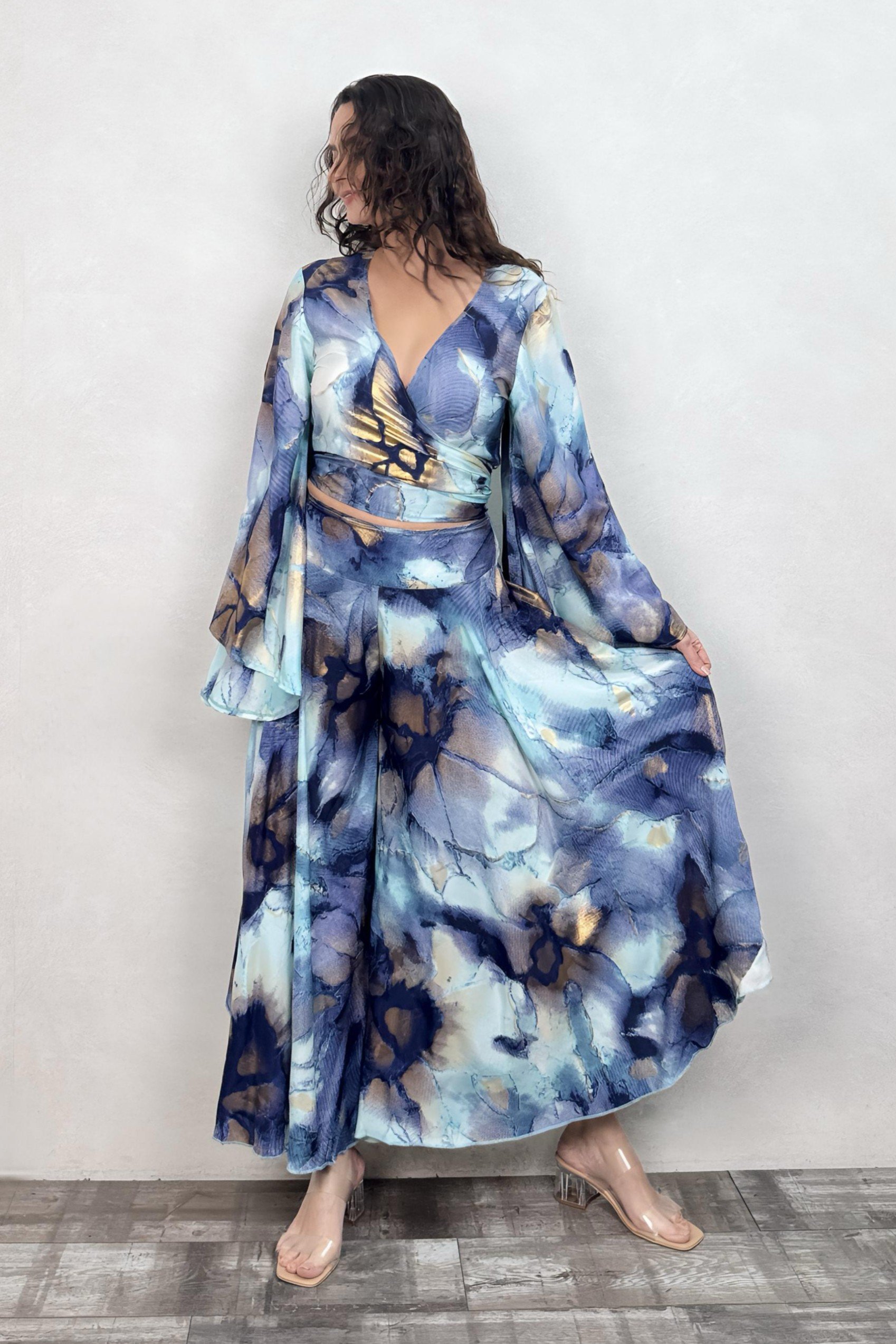 . - Palermo Kimono Kol İpek Takım - Mavi Gold