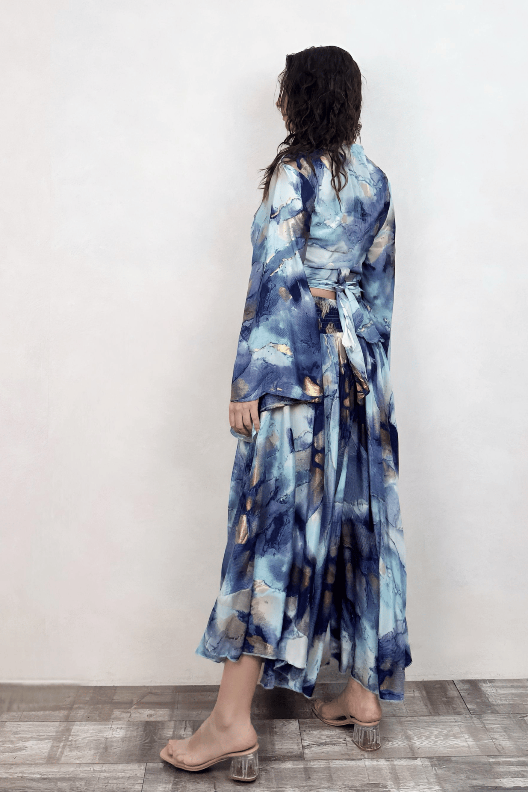 . - Palermo Kimono Kol İpek Takım - Mavi Gold