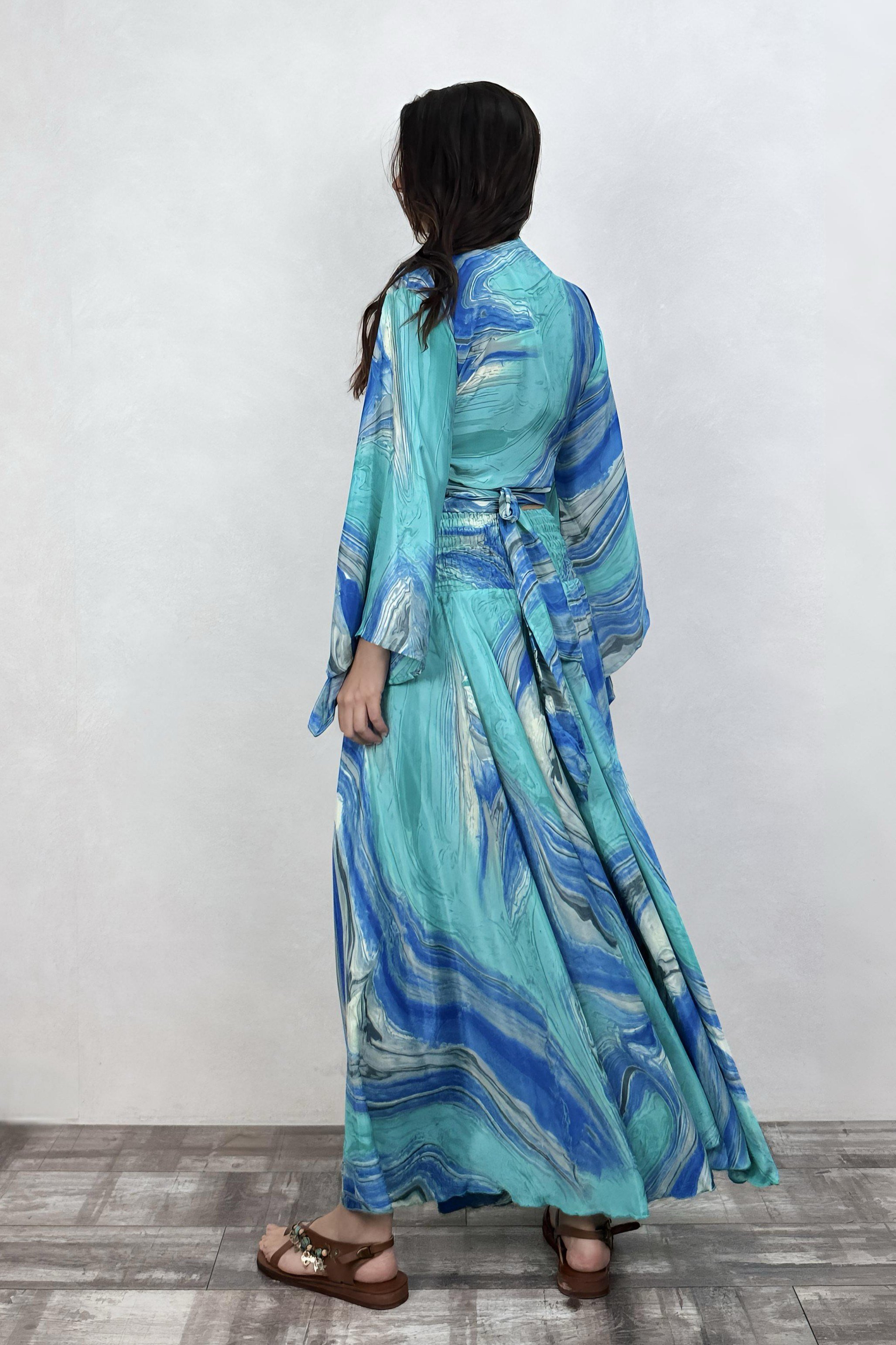 . - Palermo Ocean Kimono Kol İpek Takım -Mavi Turkuaz