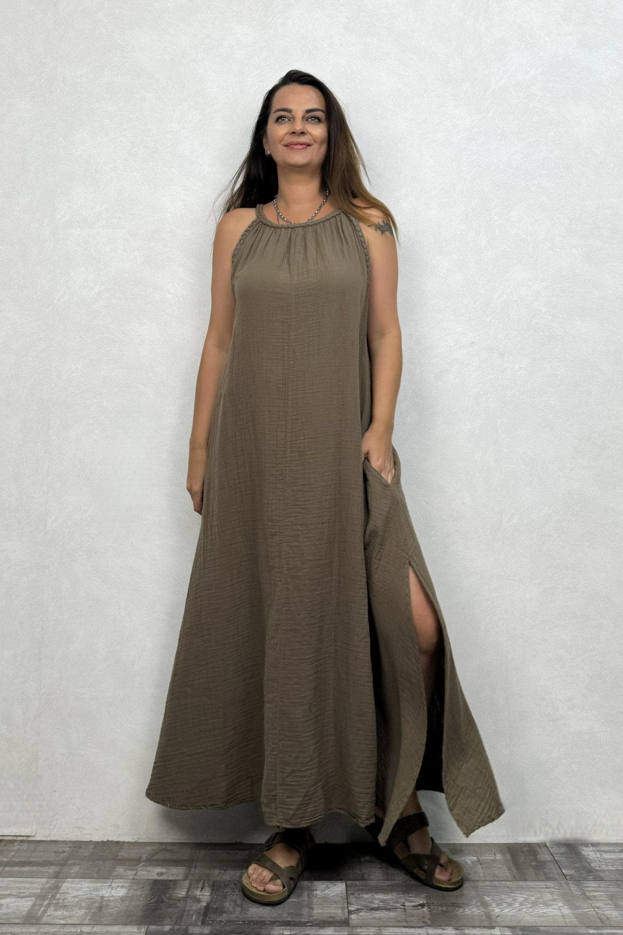 Perit Müslin Elbise Neutral Brown -Doğal Kahve