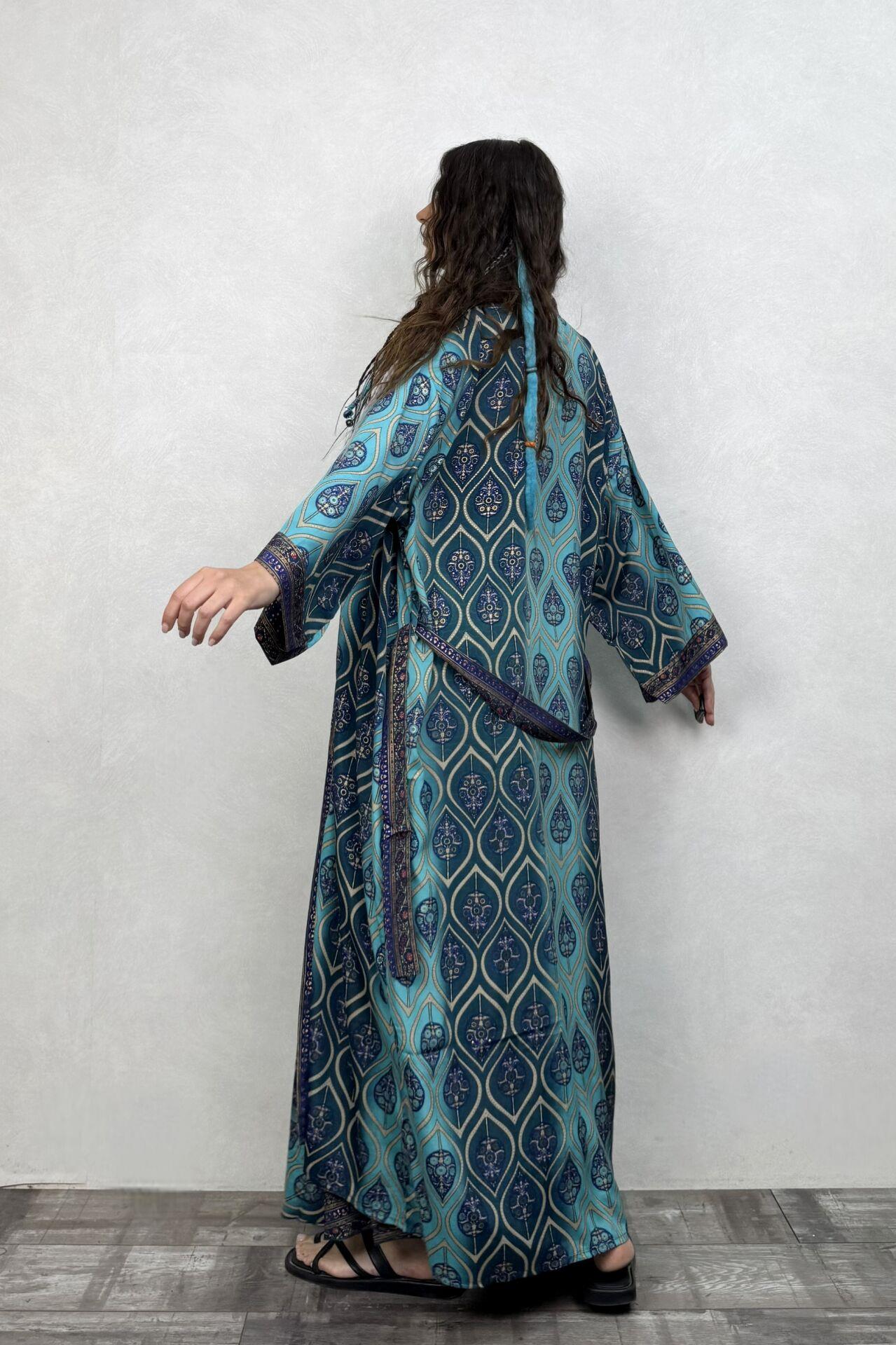 Premium İpek Kimono - Mavi Kronos