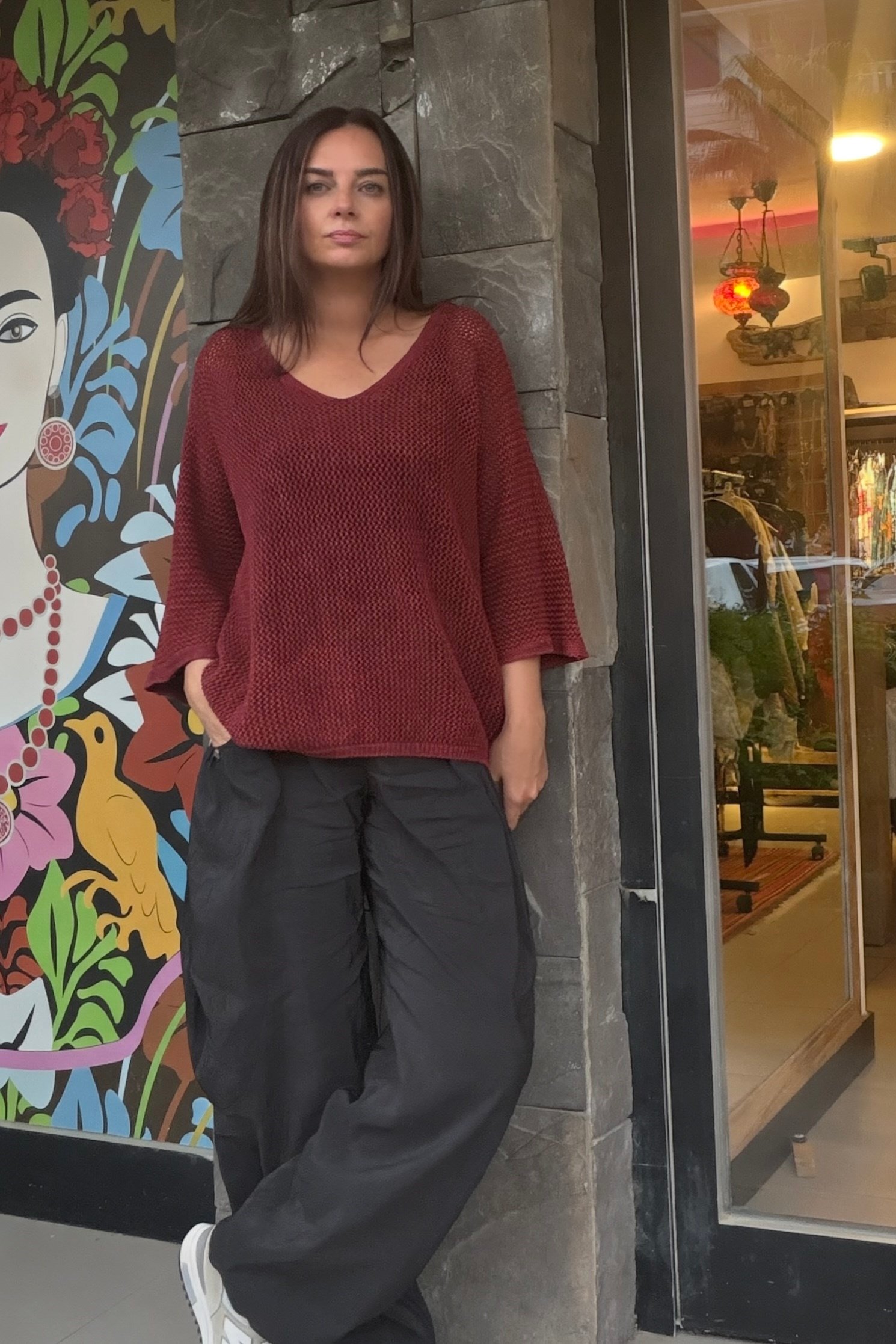 . - Taş Yıkamalı Ajurlu Triko Bluz - Bordo