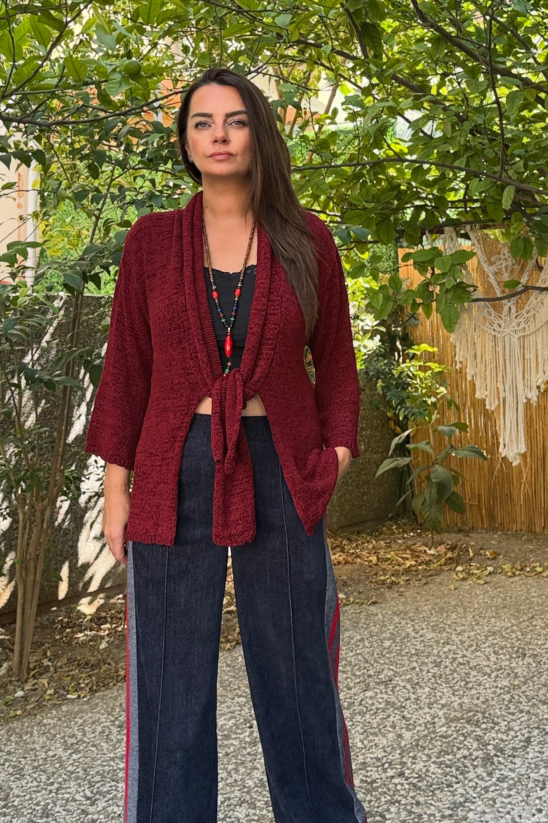 . - Wrap Ön Bağlamalı Merserize Hırka -Bordo