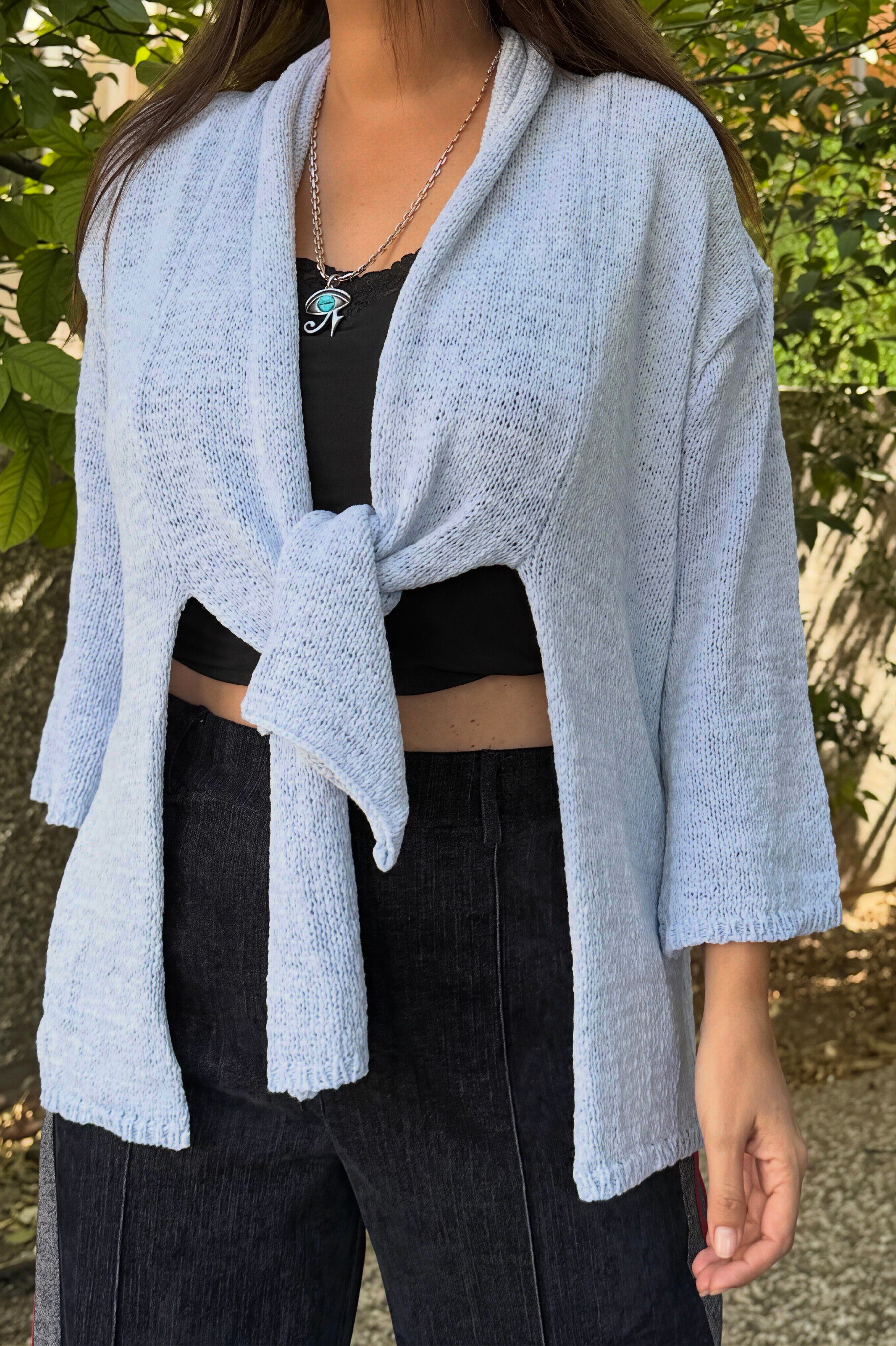 . - Wrap Ön Bağlamalı Merserize Hırka -Buz Mavi