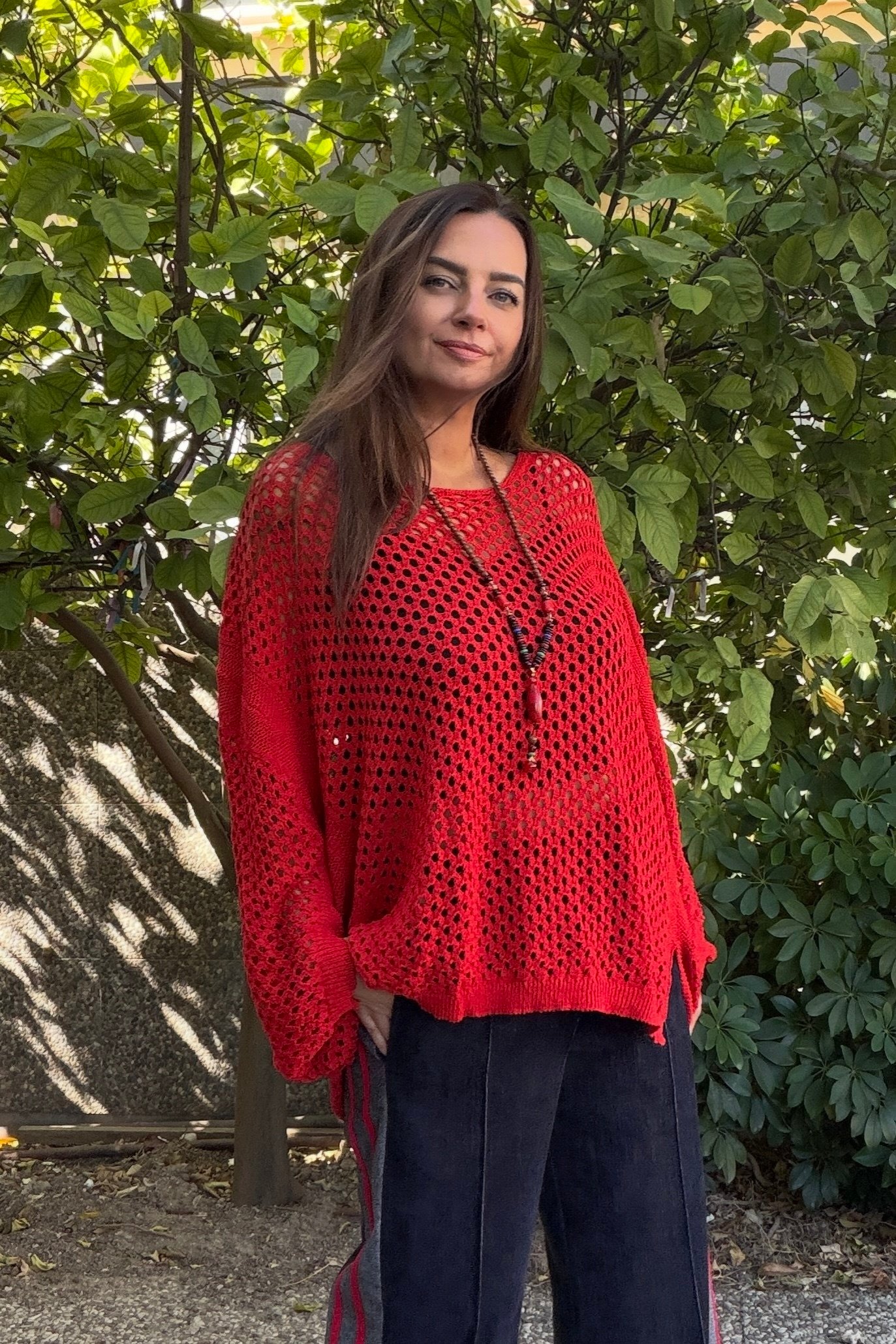. - Yarasa Kol Ajurlu Triko Bluz - Kırmızı