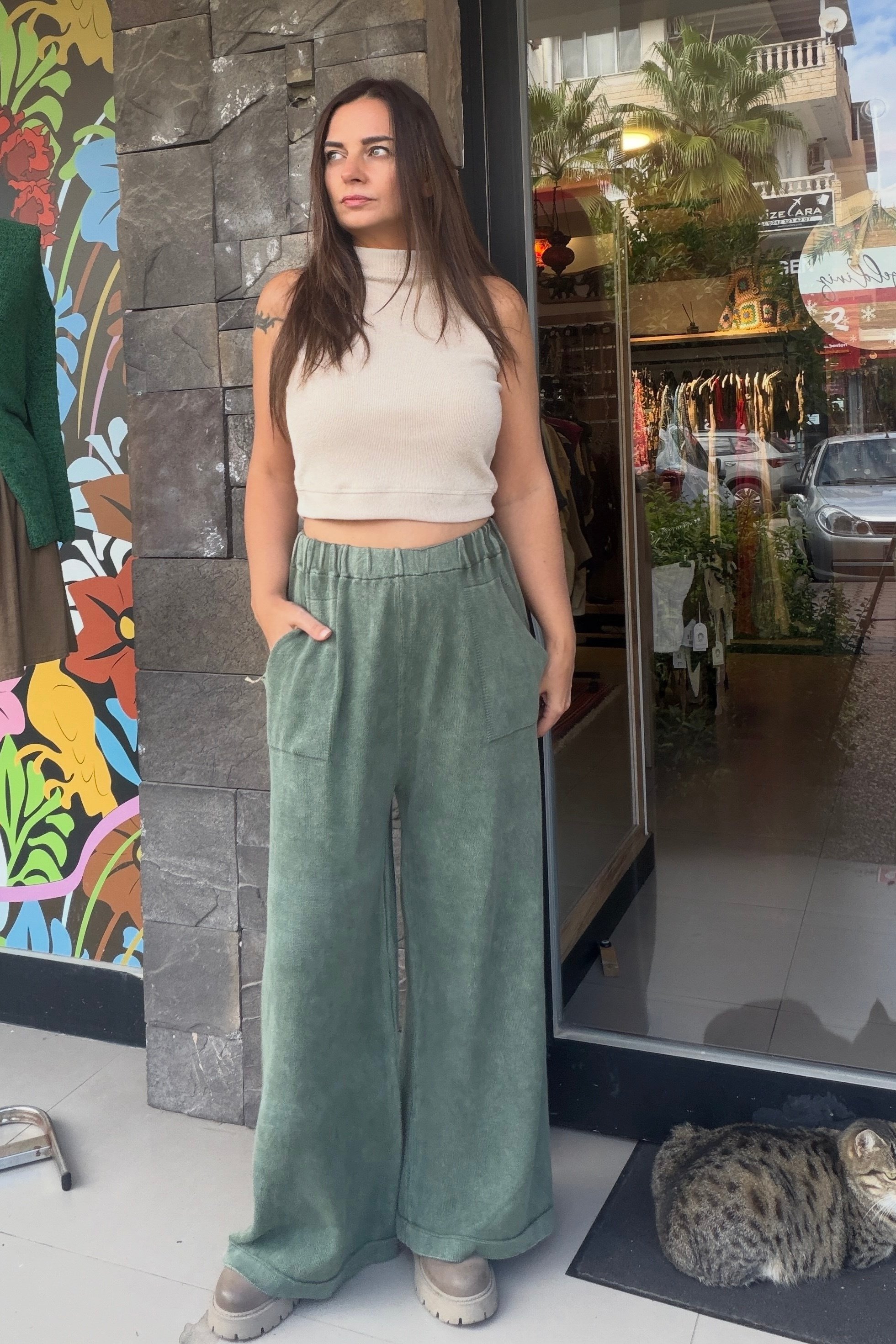 . - Yıkamalı Triko Pantolon - Haki Yeşil
