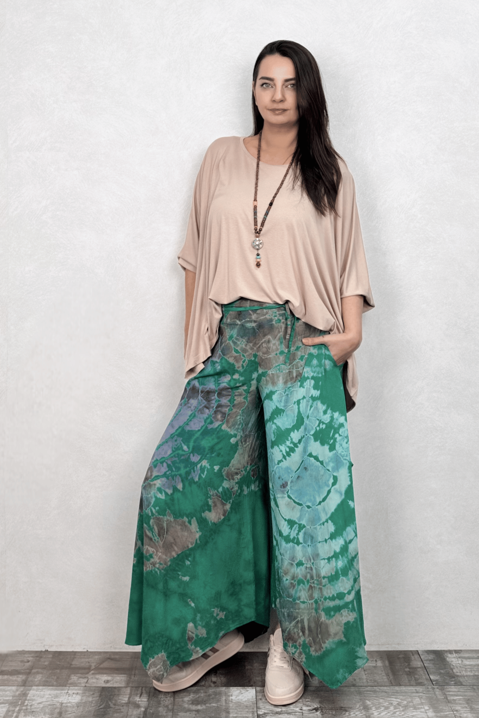 . - Yırtmaçlı Batik Pantolon - Yeşil