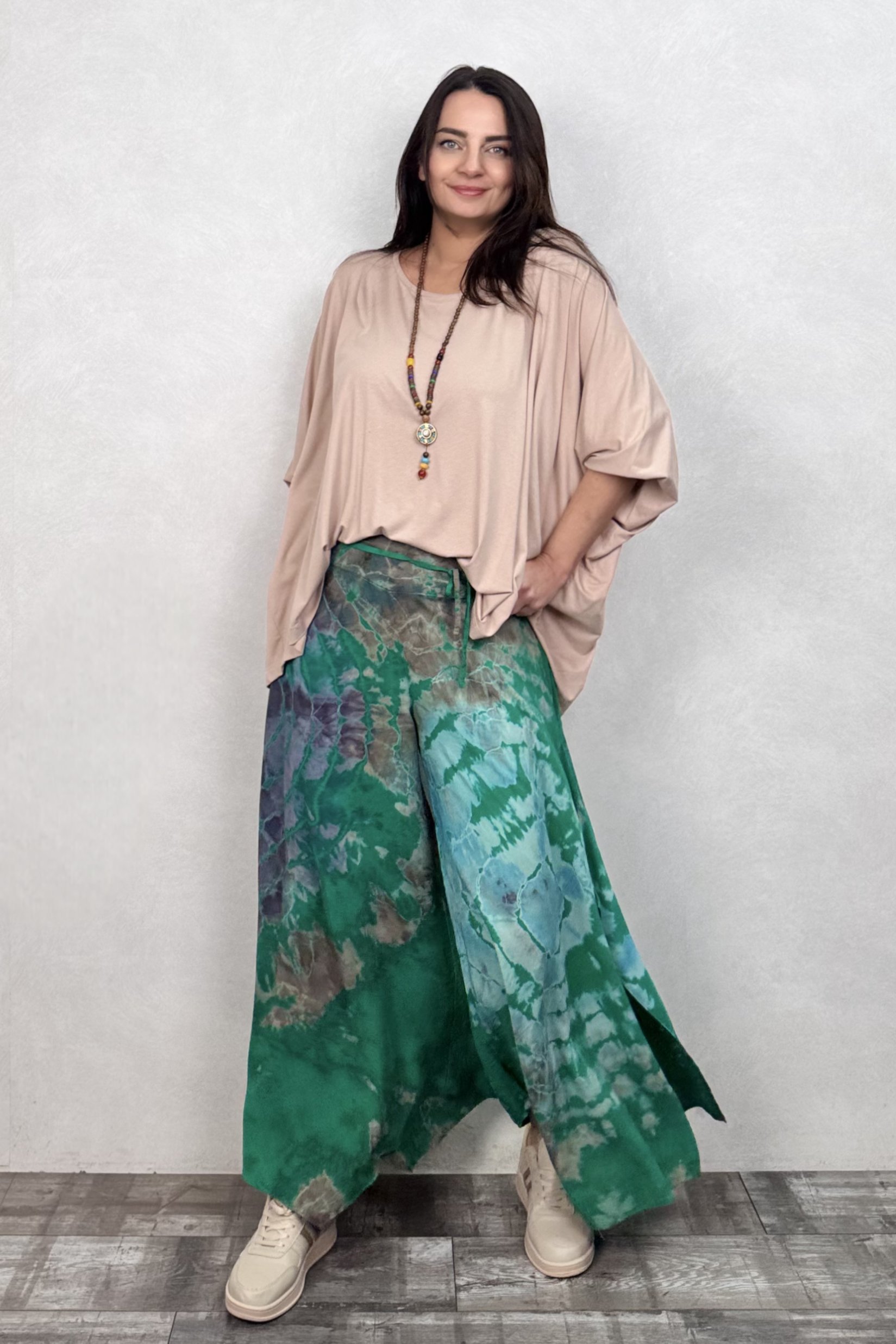 . - Yırtmaçlı Batik Pantolon - Yeşil