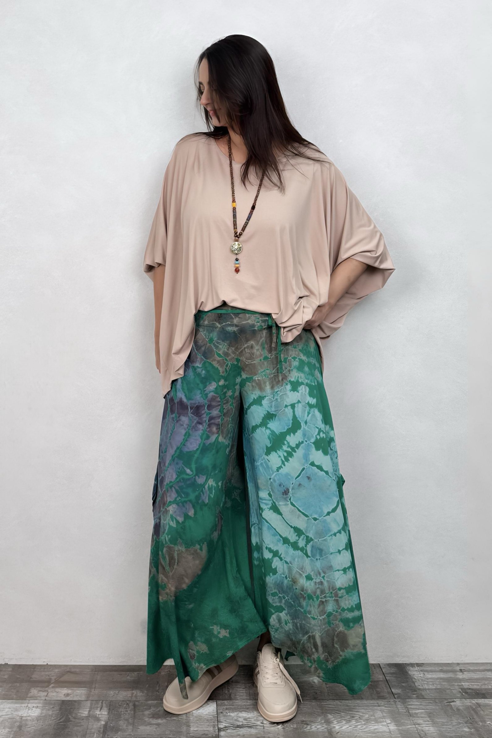 . - Yırtmaçlı Batik Pantolon - Yeşil