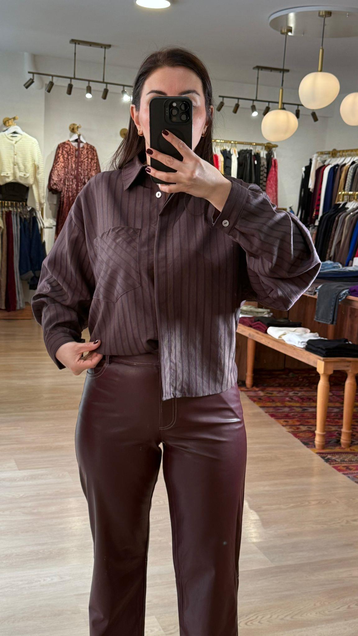 Çizgili Oversize Gömlek Kahve