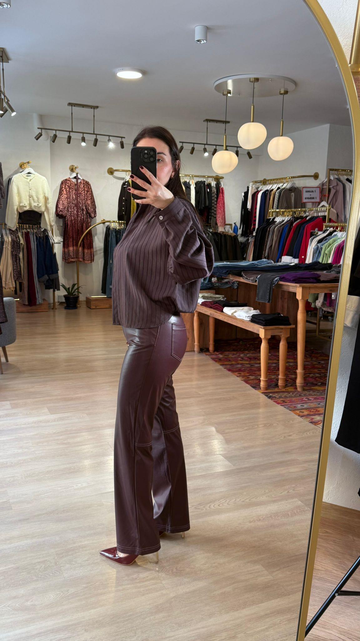 Çizgili Oversize Gömlek Kahve