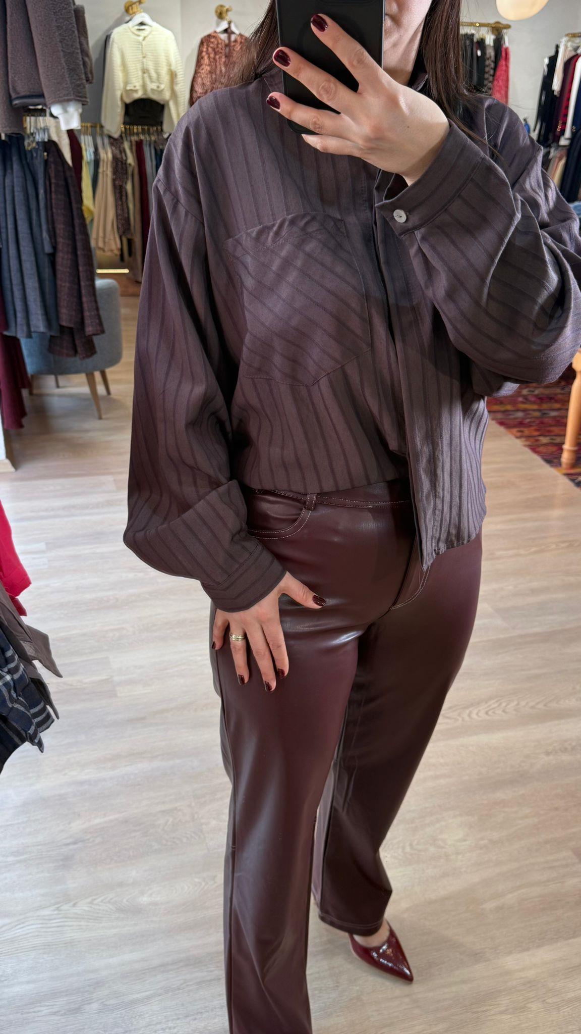 Çizgili Oversize Gömlek Kahve