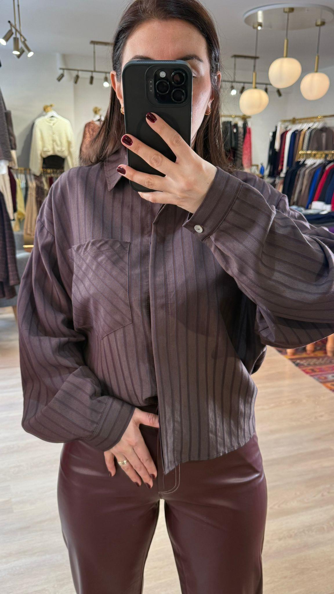 Çizgili Oversize Gömlek Kahve