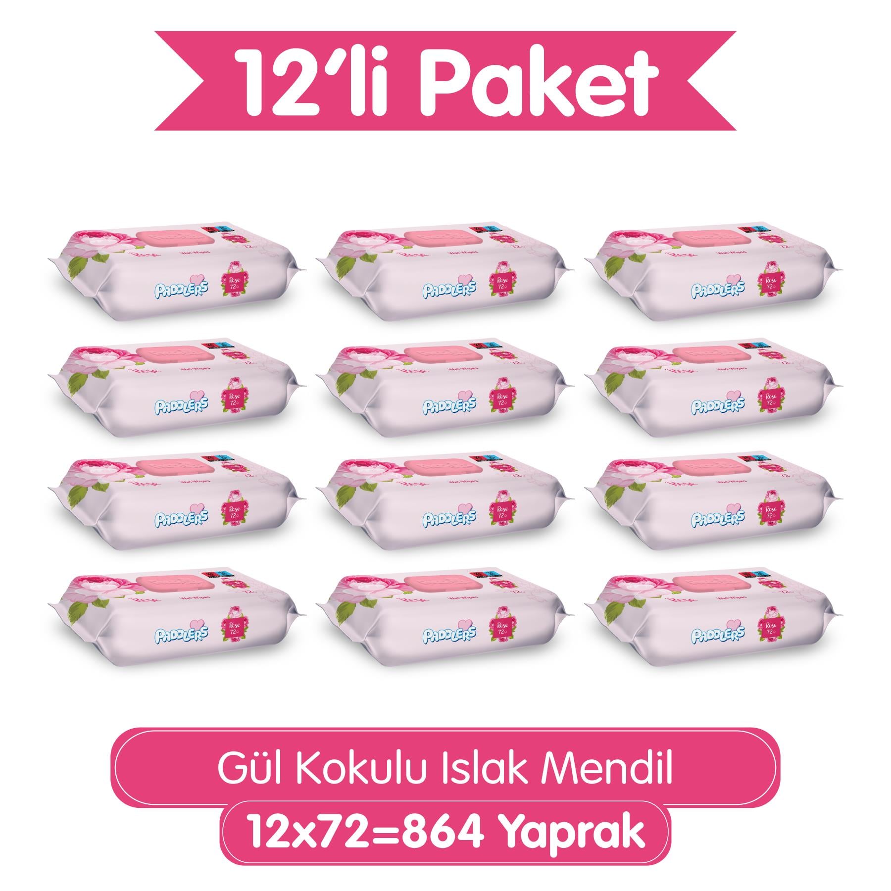 Paddlers Gül Kokulu Islak Mendil 12x72 li Koli (864 Yaprak)