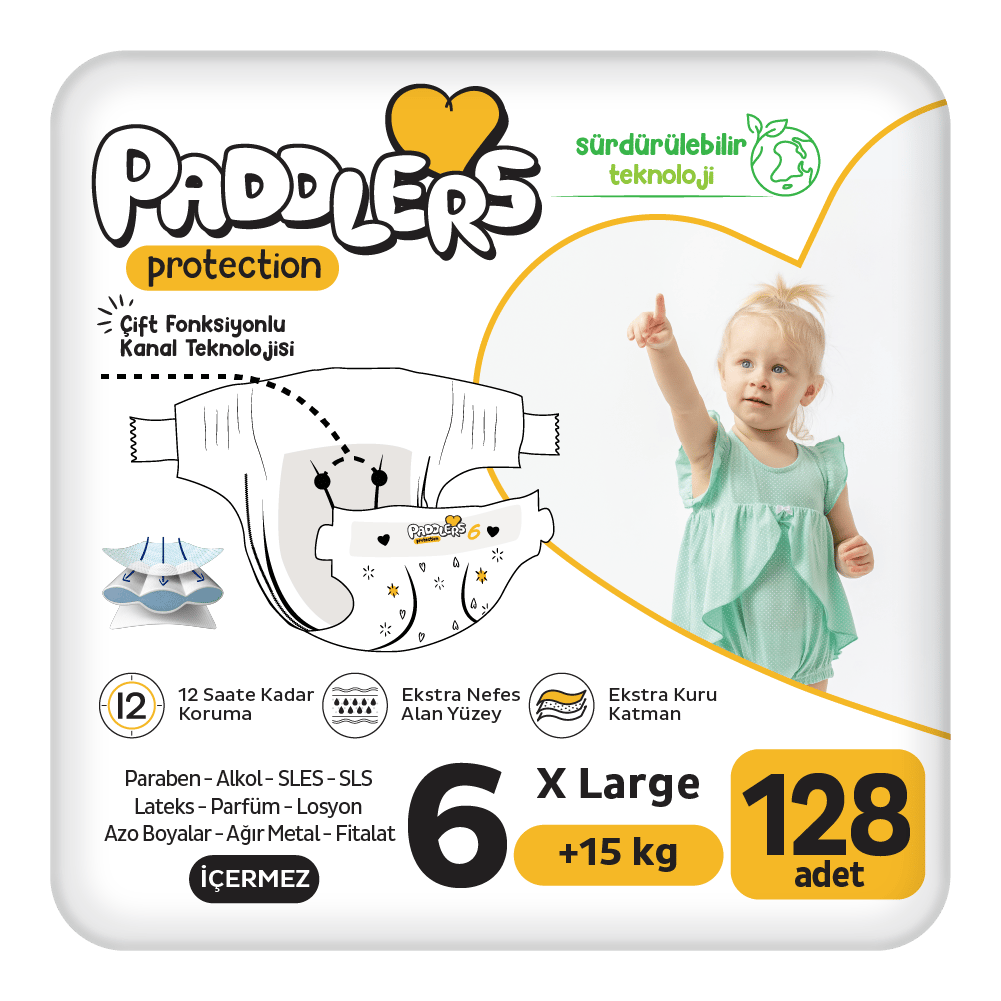 Paddlers Protection Bebek Bezi 6 Numara X-Large 128 Adet (15+Kg) Ekstra Jumbo Set