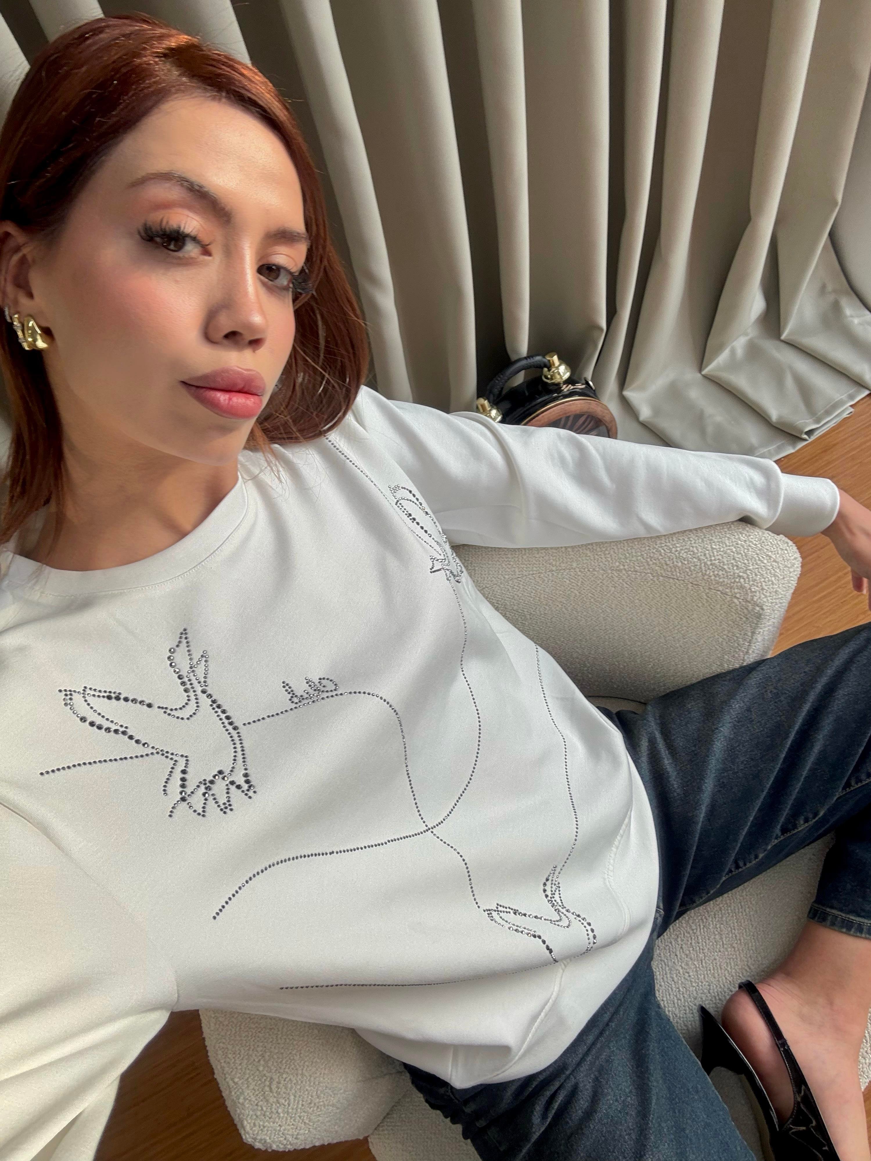 İhraç Fazlası Taş İşlemeli Ekru Sweatshirt