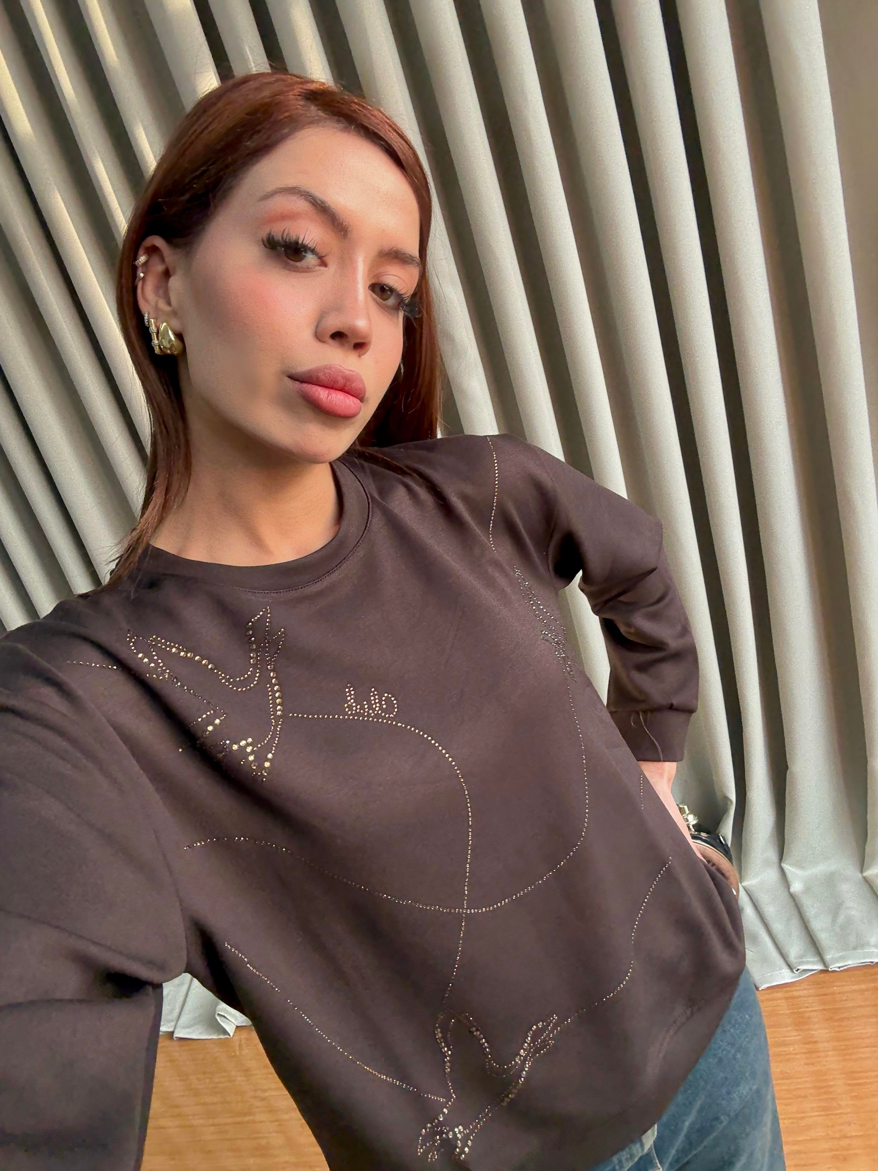 İhraç Fazlası Taş İşlemeli Kahverengi Sweatshirt