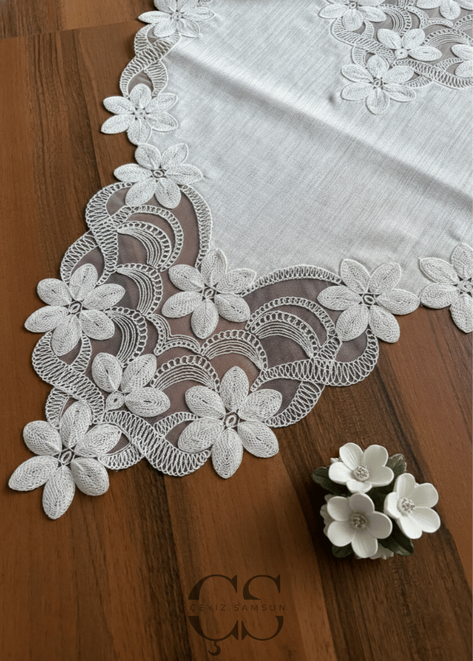Feride Model Salon Takımı - 5 Parça Set - Krem Güpür & Kumaş