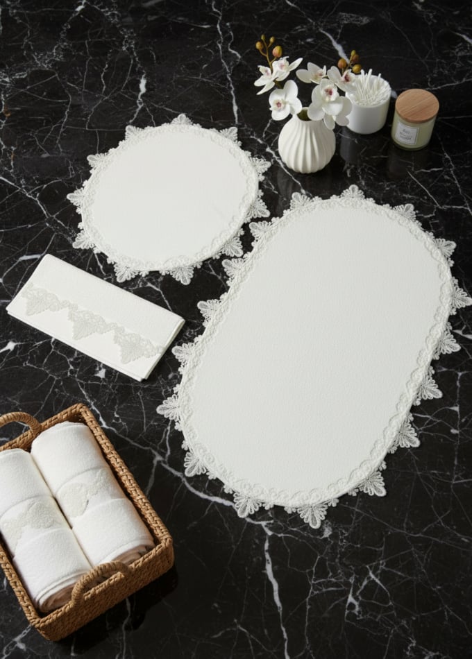 Fransız Güpürlü 3'Lü Banyo Paspas Takımı - Krem