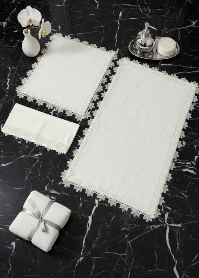 Fransız Güpürlü 3'Lü Banyo Paspas Takımı - Krem