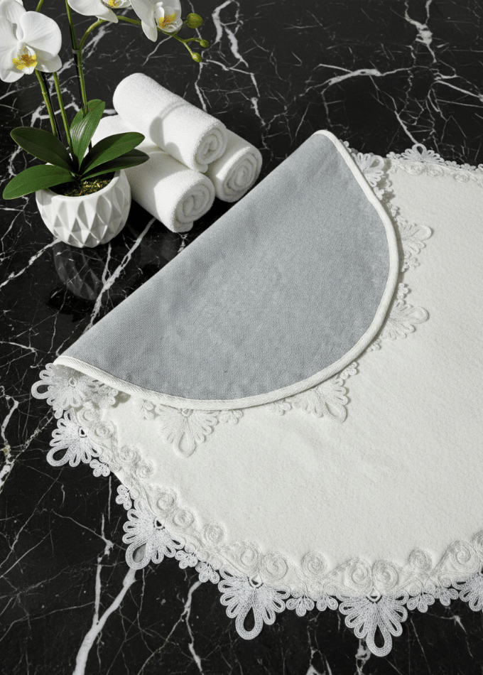 Fransız Güpürlü 3'Lü Banyo Paspas Takımı - Krem
