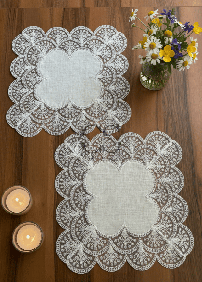 Fransız Güpürlü Salon Takımı - 5 Parça Set - Krem Güpür & Kumaş