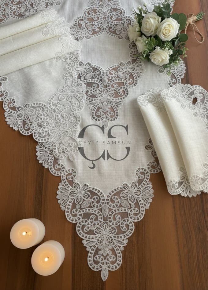 Fransız Güpürlü Salon Takımı - 5 Parça Set - Krem Güpür & Kumaş