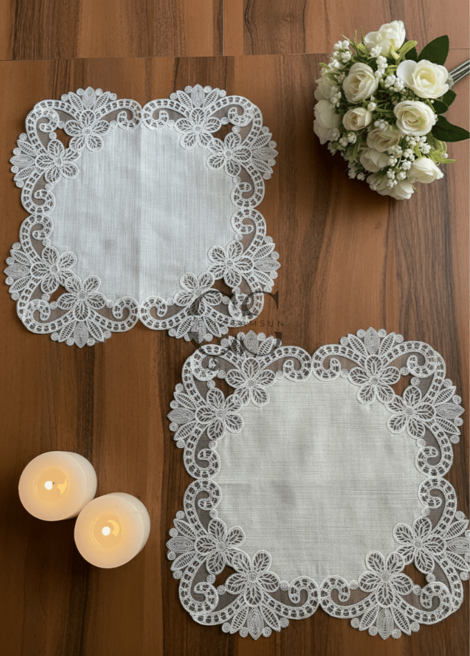 Fransız Güpürlü Salon Takımı - 5 Parça Set - Krem Güpür & Kumaş