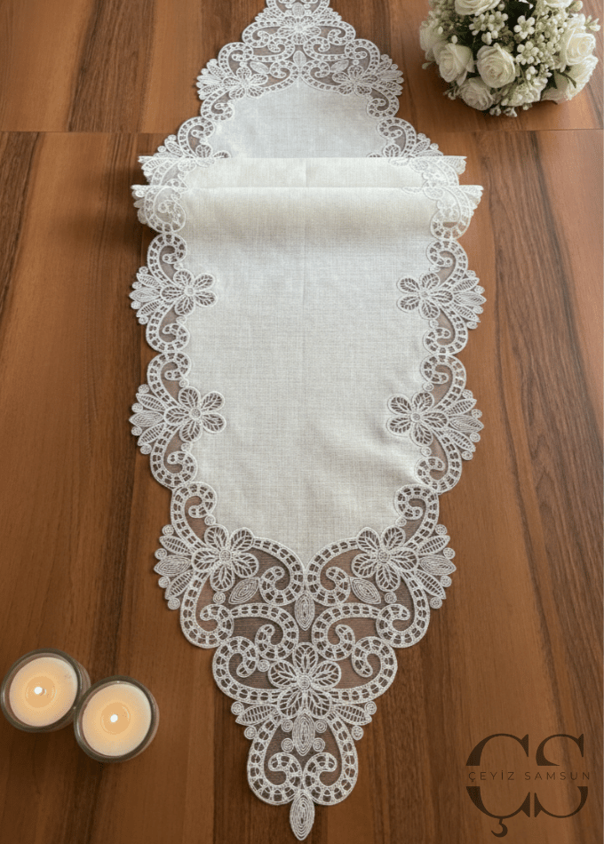 Fransız Güpürlü Salon Takımı - 5 Parça Set - Krem Güpür & Kumaş