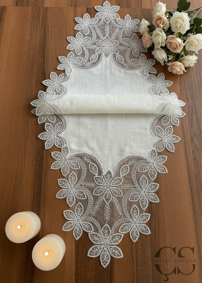 Gelincik Model Salon Takımı - 5 Parça Set - Kırık Beyaz Güpür & Kumaş