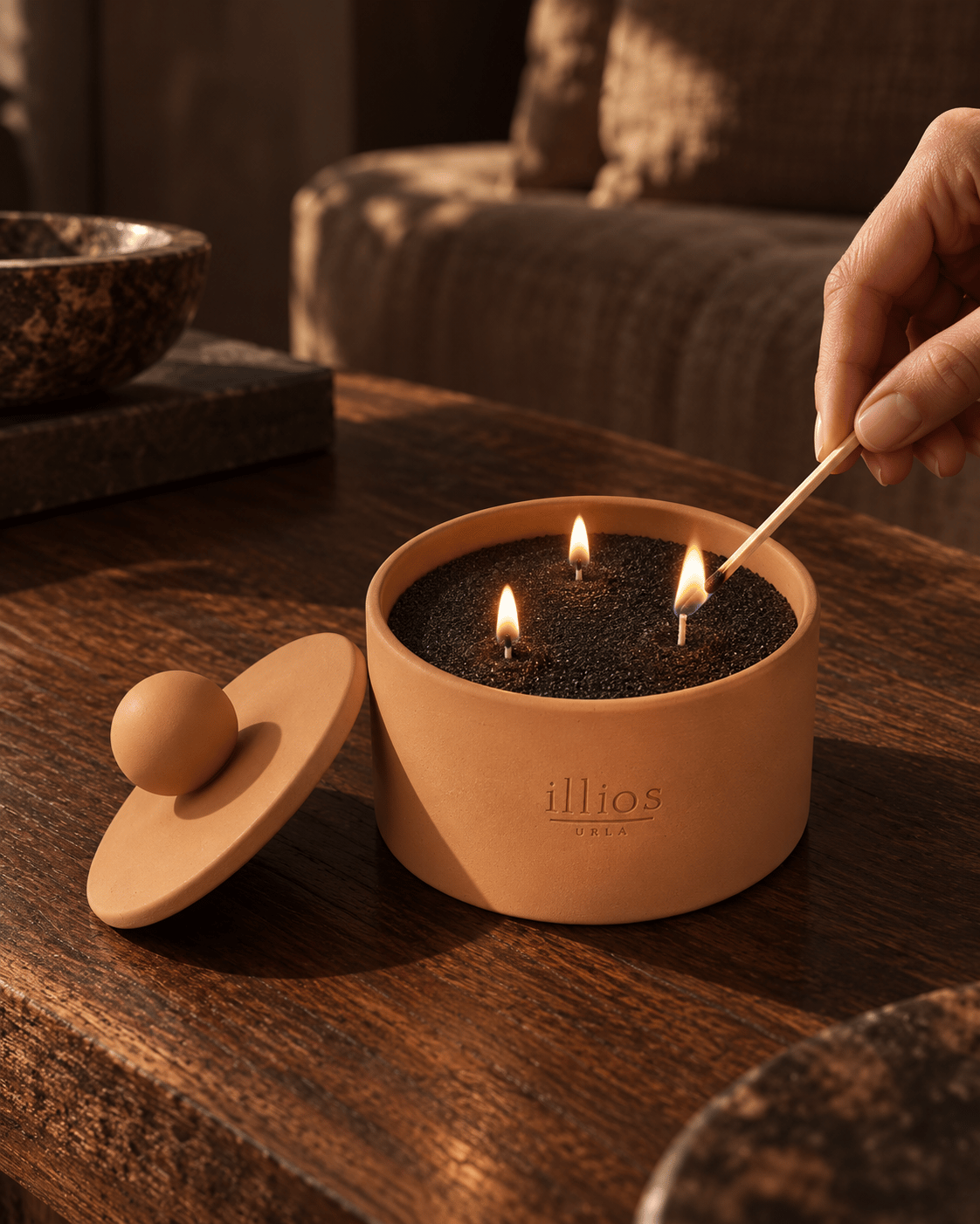 Stoneware Kapaklı  Kahverengi İnci Tozu Mum