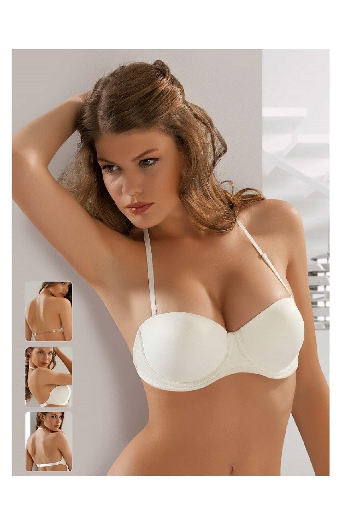 Beyaz Destekli Dolgulu Sırtı Şeffaf Straplez Sütyen 7042