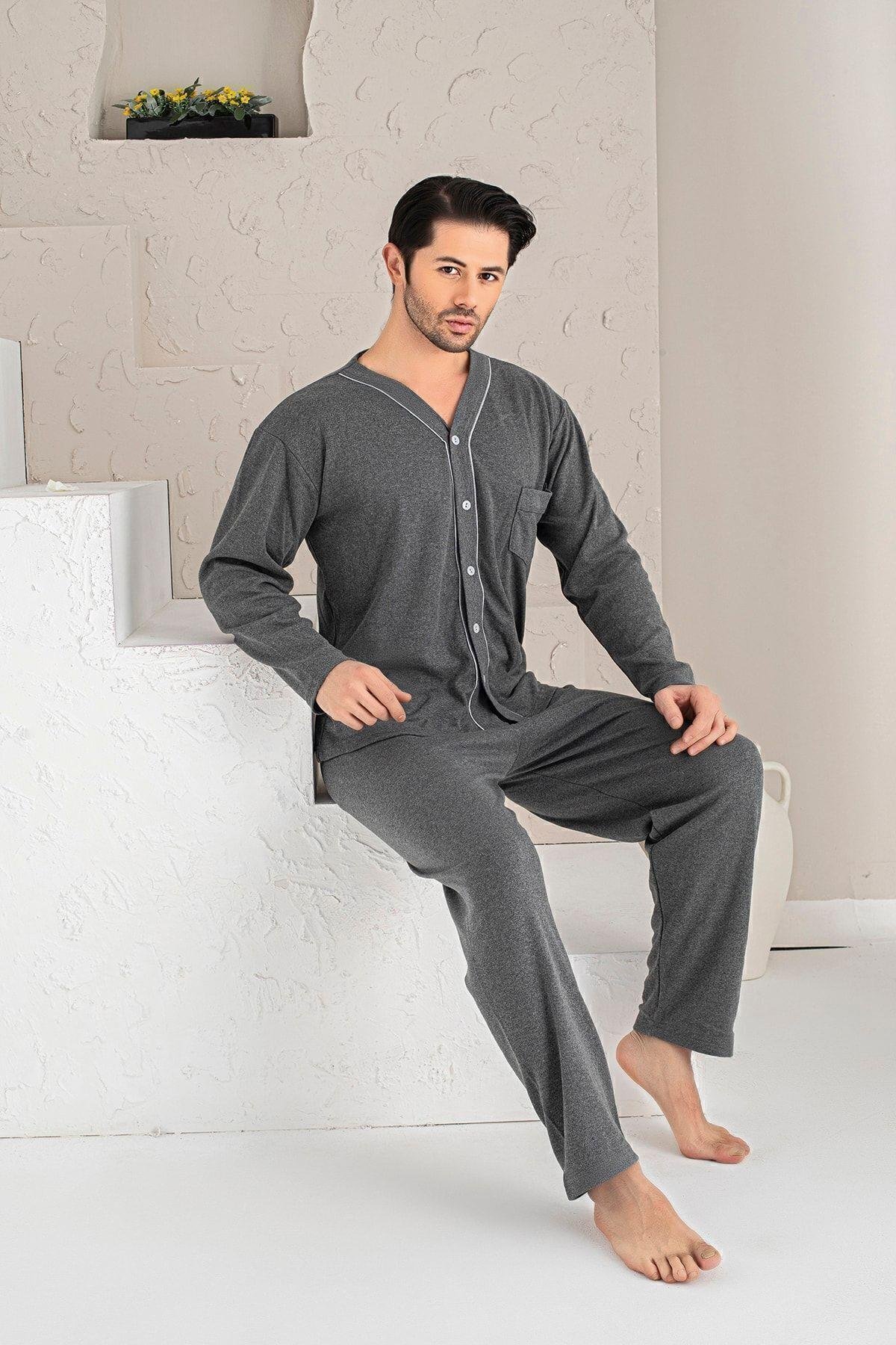 Erkek Mavi Önden Düğmeli Uzun Kollu Penye Kumaş Örme Pijama Takımı