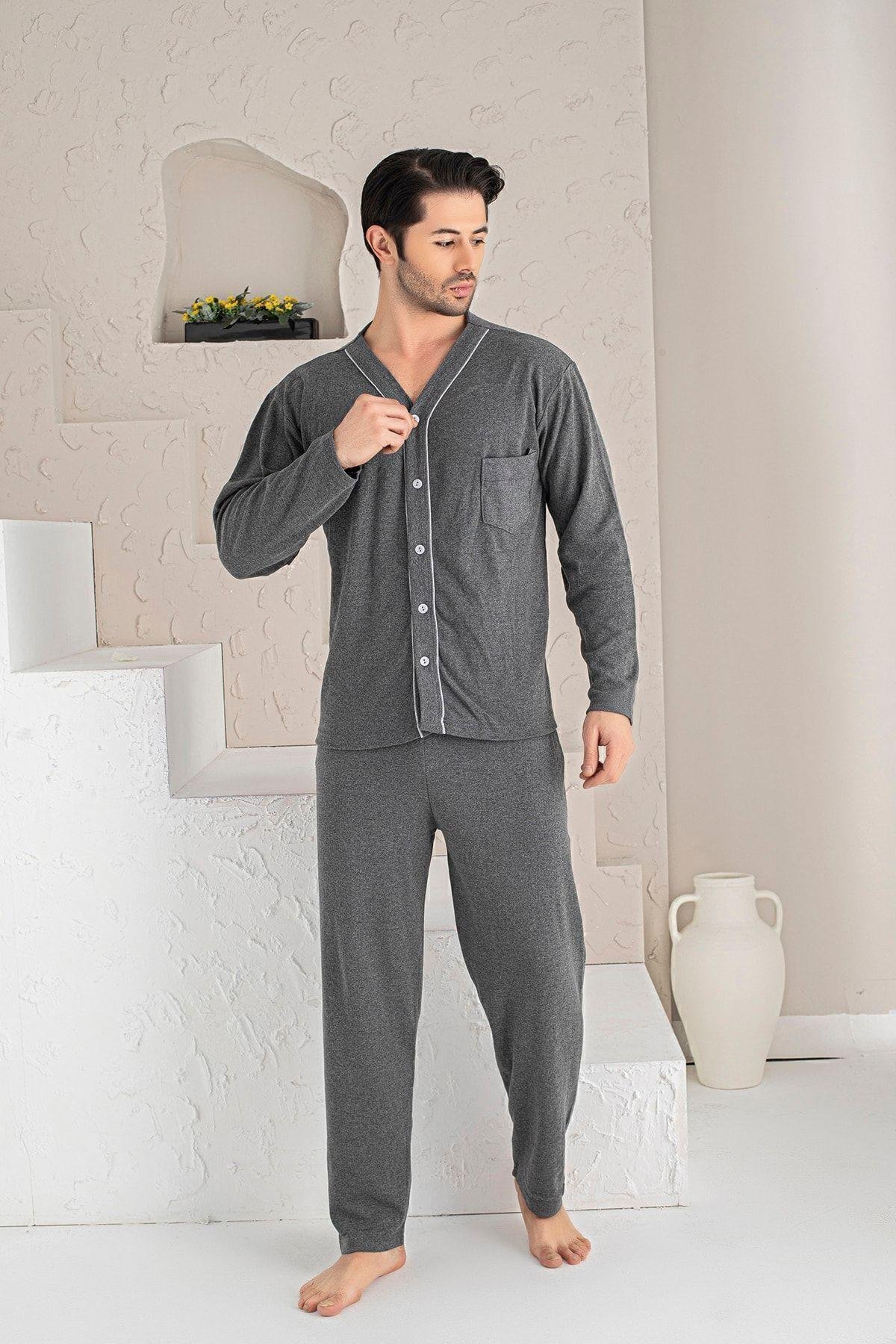 Erkek Mavi Önden Düğmeli Uzun Kollu Penye Kumaş Örme Pijama Takımı
