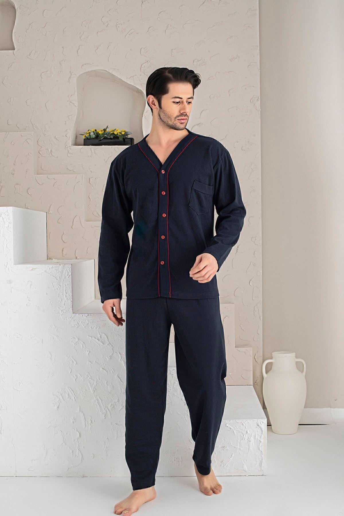 Erkek Mavi Önden Düğmeli Uzun Kollu Penye Kumaş Örme Pijama Takımı
