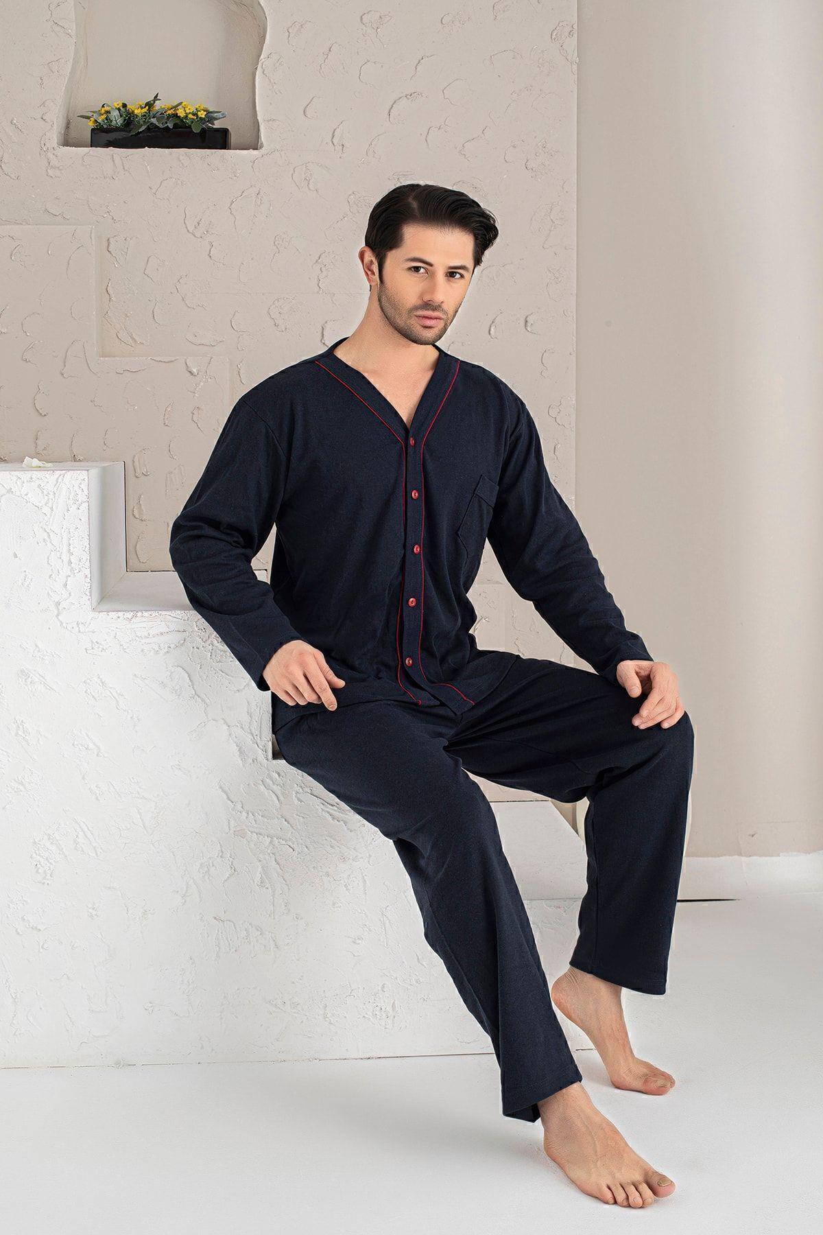 Erkek Mavi Önden Düğmeli Uzun Kollu Penye Kumaş Örme Pijama Takımı