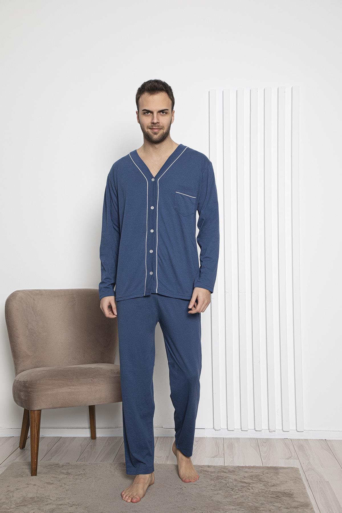 Erkek Mavi Önden Düğmeli Uzun Kollu Penye Kumaş Örme Pijama Takımı