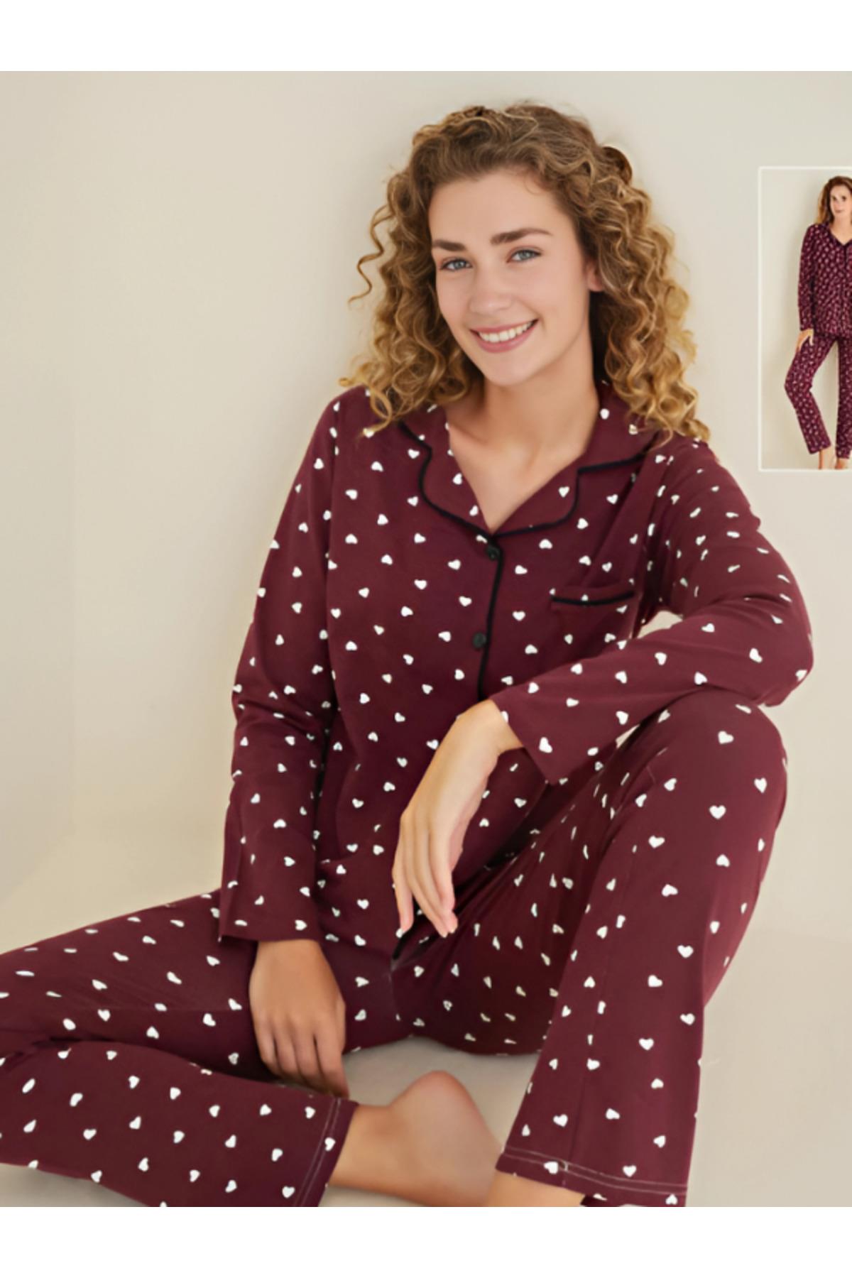 KADIN %95 PAMUK %5 LİKRALI GÖMLEK BOYDAN DÜĞMELİ KALIN KIŞLIK ŞIK PİJAMA TAKIMI