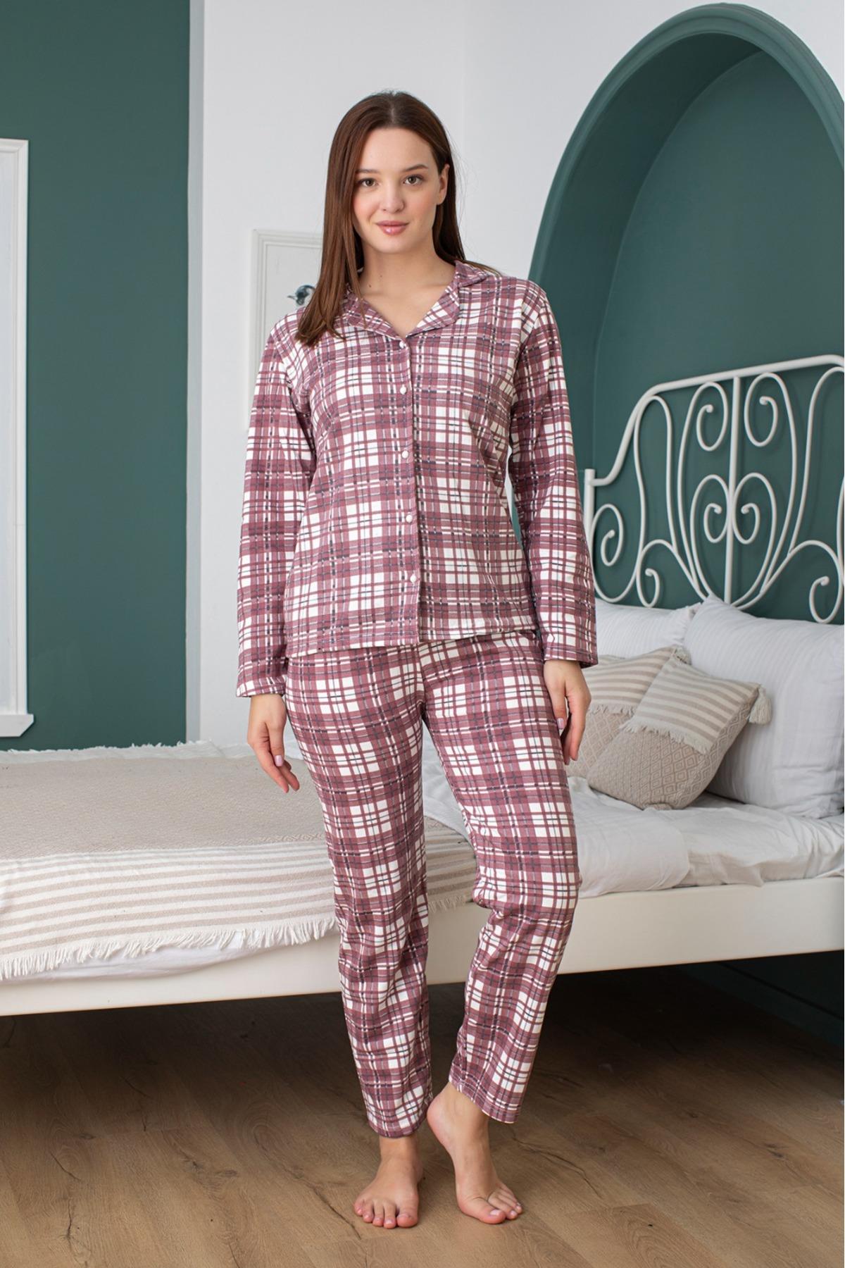 kadın boydan düğmeli Kırmızı Beyaz Kareli pijama takım