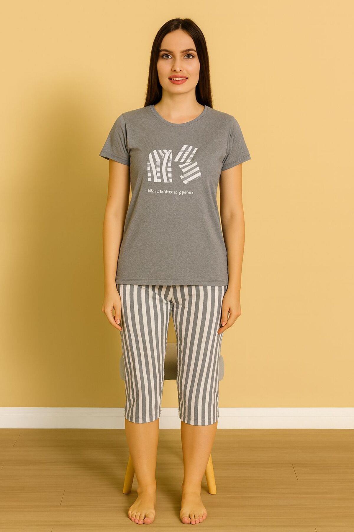 KADIN KISA KOL BASKI DETAYLI PUANTİYELİ PİJAMA TAKIM