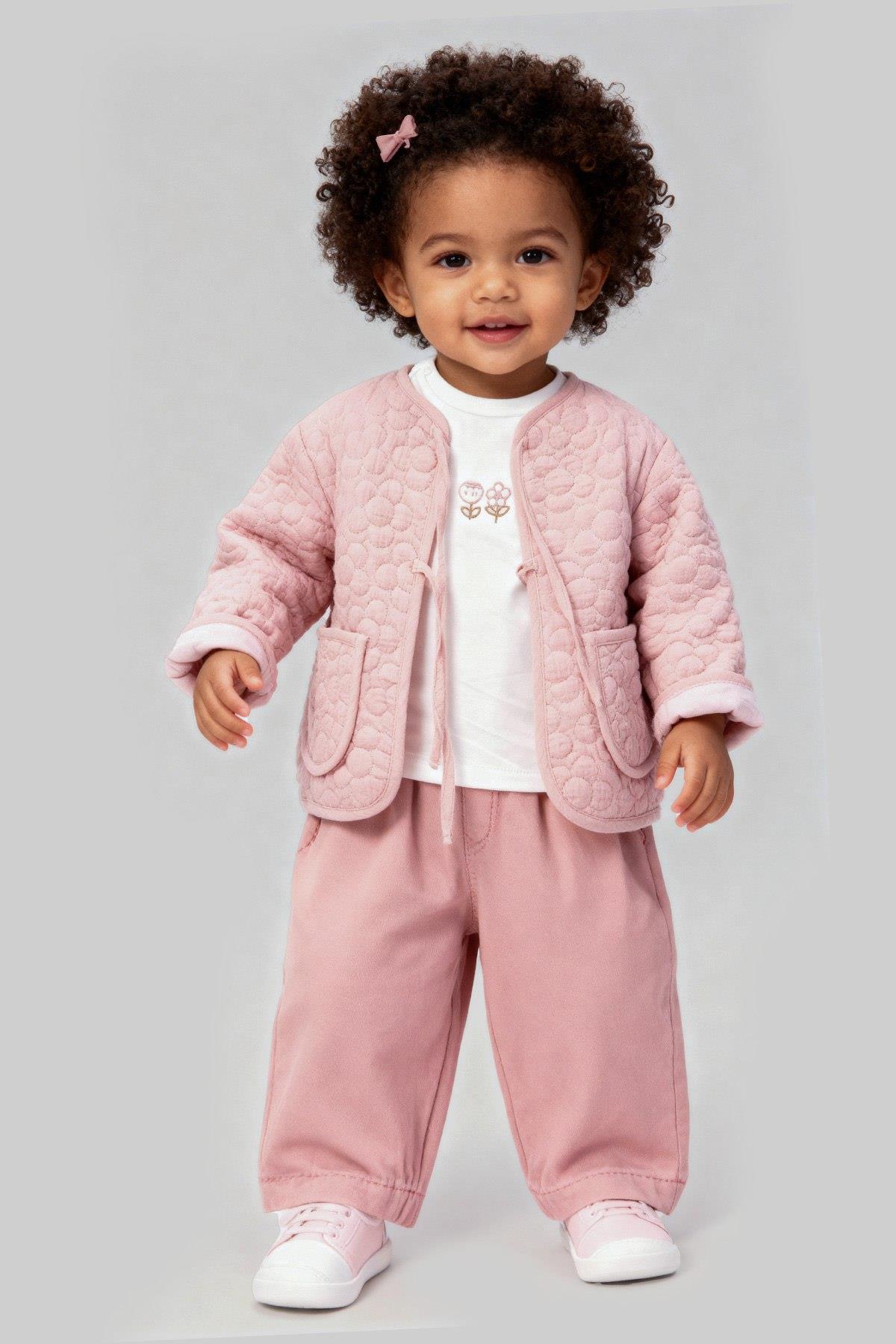 Kız Bebek Müslin-Gabardin Üçlü Takım_Pembe