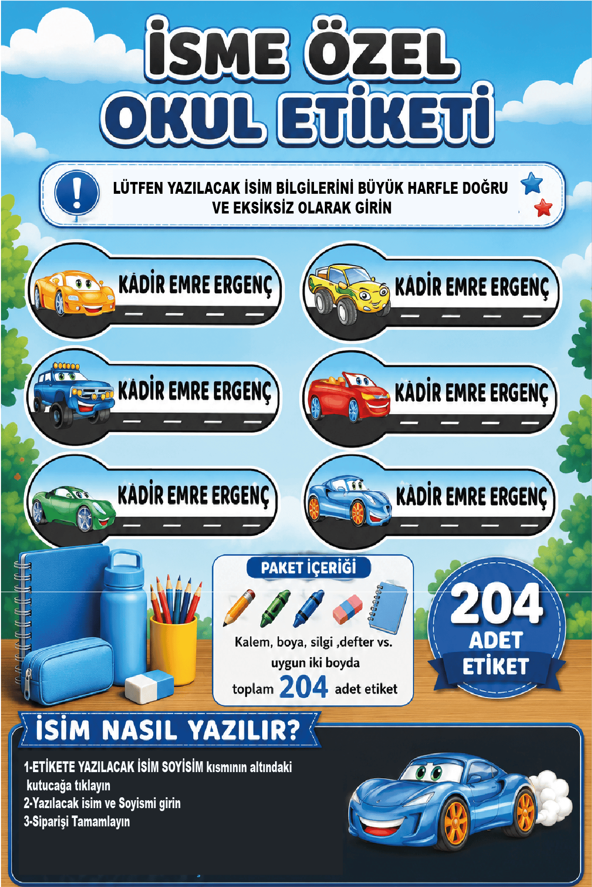 İsme Özel Araba Temalı Okul Etiketi | Su Geçirmez İsim Stickerı | 204 Adet