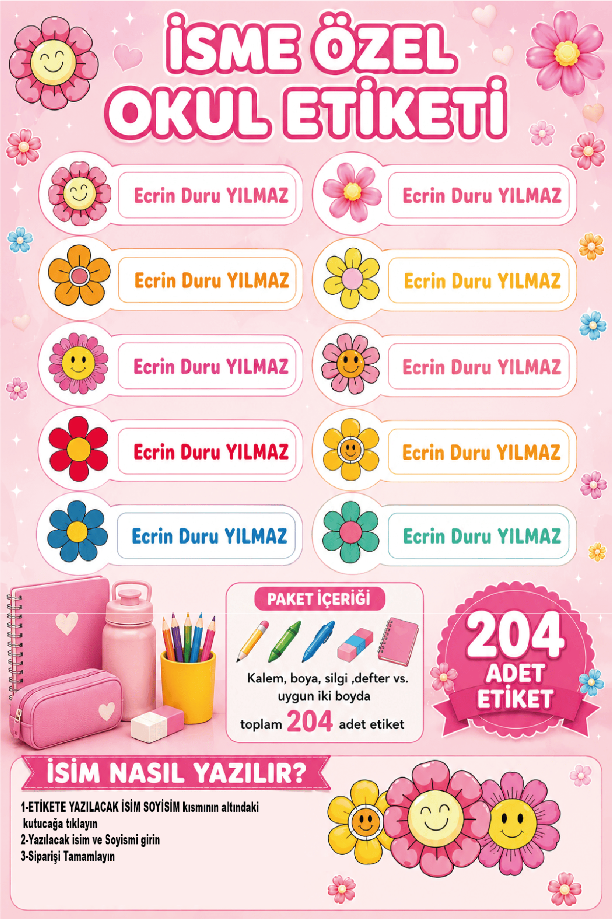 İsme Özel Çiçek ve Papatya Temalı Okul Etiketi | Su Geçirmez İsim Stickerı | 204 Adet