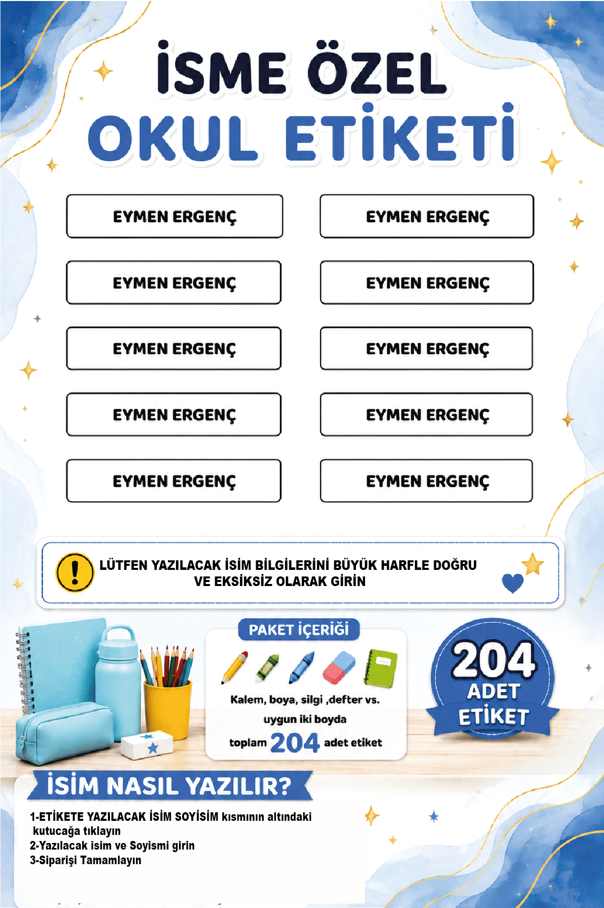İsme Özel Desensiz Sade Okul Etiketi | Su Geçirmez İsim Stickerı | 204 Adet