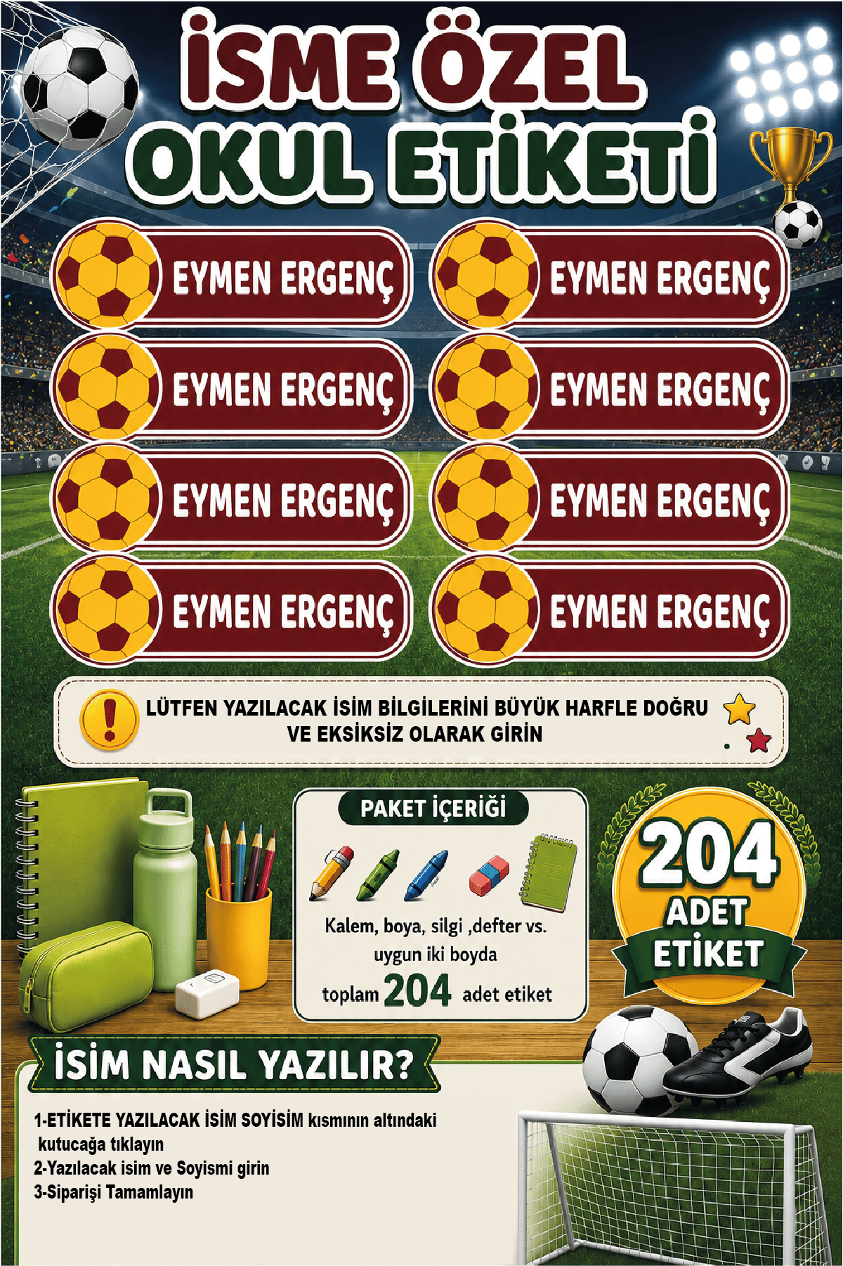 İsme Özel Sarı Kırmızı Futbol Temalı Okul Etiketi | Futbol Topu Desenli | Su Geçirmez 204 Adet